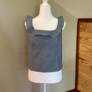 Hayden Sleeveless Blue & White Polka Dot Smocked Ruffle Top Large
